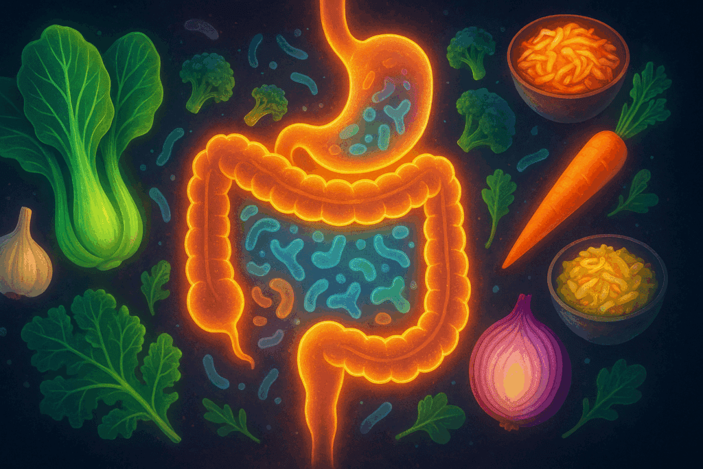 Stylized digestive system surrounded by garlic, onions, and leafy greens highlighting what are the vegetables that nourish the gut microbiome