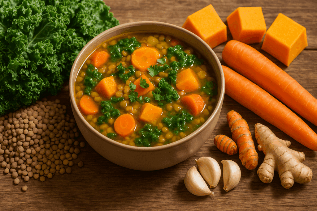 Home cook preparing cozy vegan soups with seasonal vegetables in a warmly lit, autumn-inspired kitchen.