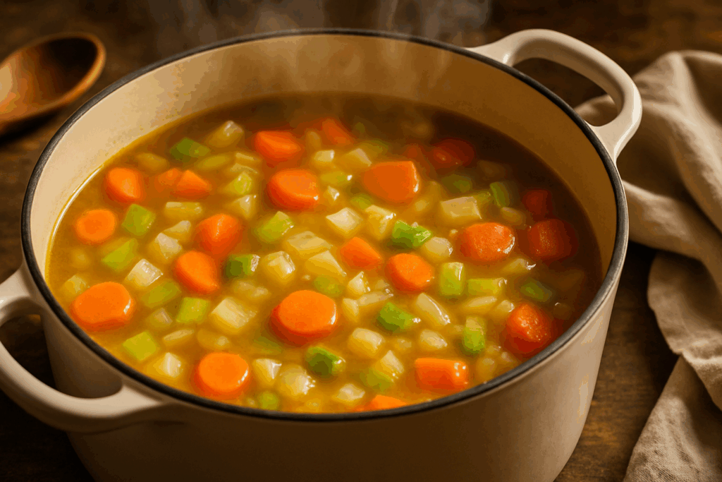 How to Create a Flavorful Vegan Soup Base: Easy Recipes for Healthier, Plant-Based Meals 3 Golden broth simmering with tender carrots, celery, and onions as the foundation for an easy vegan soup base.