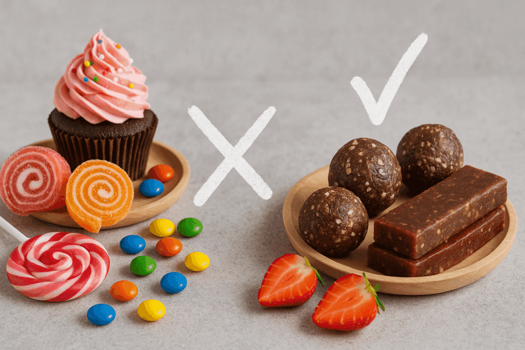Smart and Sweet: Best Sweet Snacks for Vegans That Satisfy Cravings and Support Plant-Based Health 3 Close-up of sweet snacks for vegans with homemade granola clusters, dark chocolate bites, and banana slices dipped in almond butter.