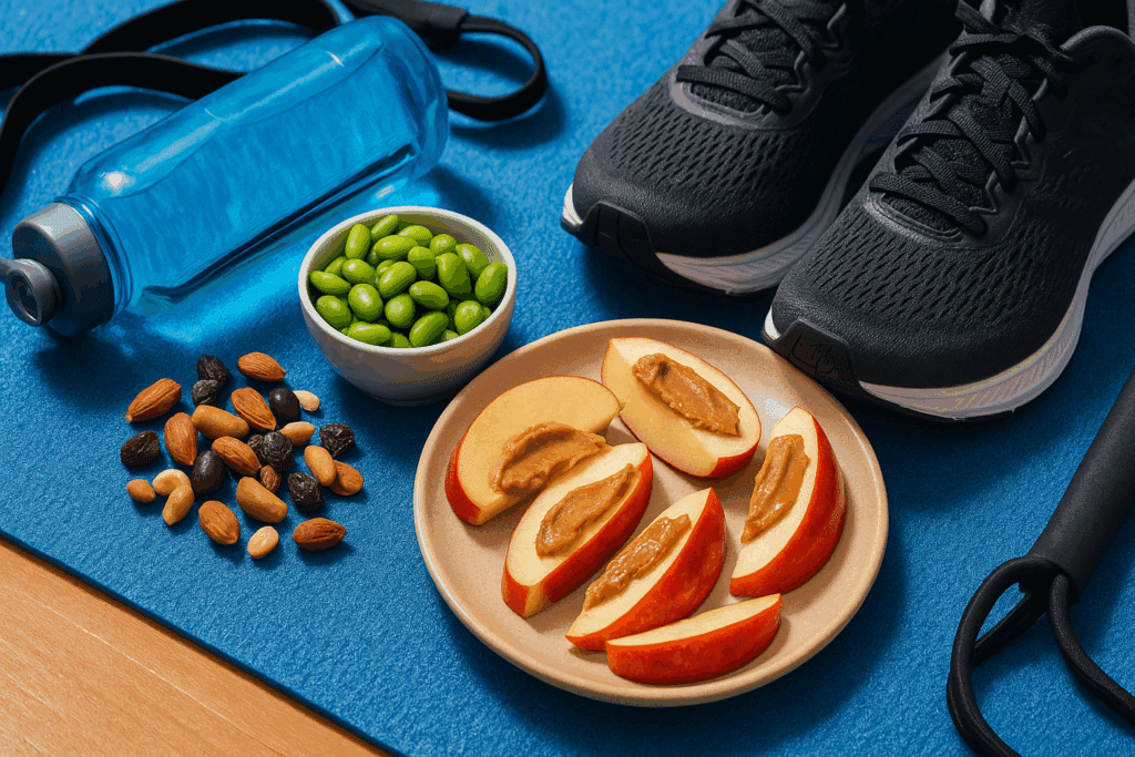 Smart Snacking on a Plant-Based Diet: Best Whole Food Plant Based Snacks Backed by Nutrition Science 3 Close-up of energy-boosting foods like trail mix, edamame, and apple slices representing the best whole food plant based snacks for active lifestyles