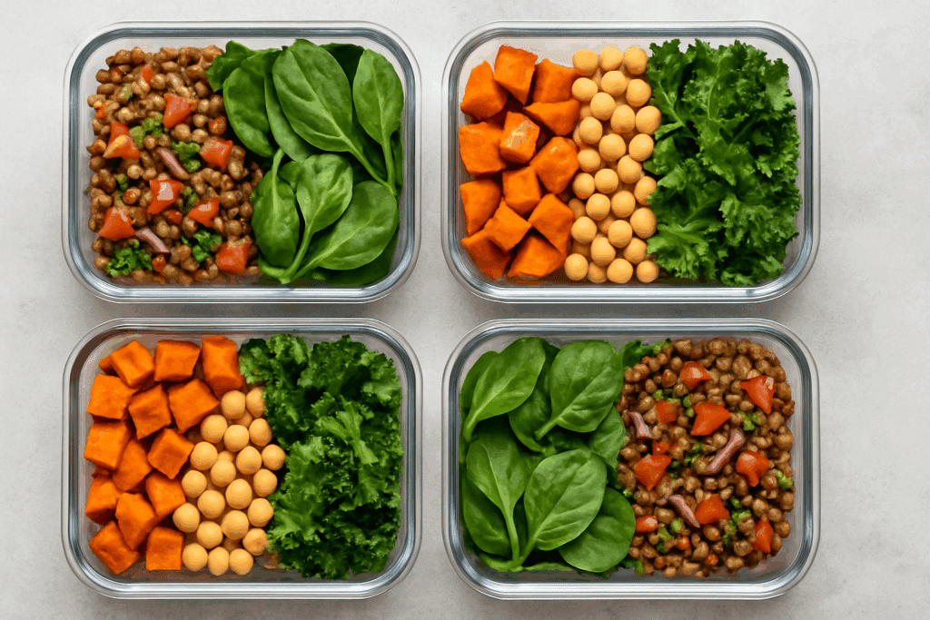 Smart & Satisfying: Plant-Based Lunch Ideas for Weight Loss Backed by Nutrition Science 3 Nutrient-packed Plant-Based Lunch Ideas for Weight Loss displayed in meal prep containers with lentils, quinoa, kale, and roasted veggies