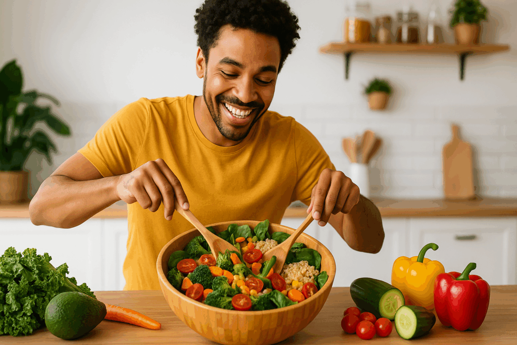 How a Low Fat Vegan Diet Supports Heart Health and Weight Loss, Backed by Science 3 "Fresh ingredients for a low fat vegan diet including whole grains, beans, and vegetables arranged on a wooden kitchen counter."