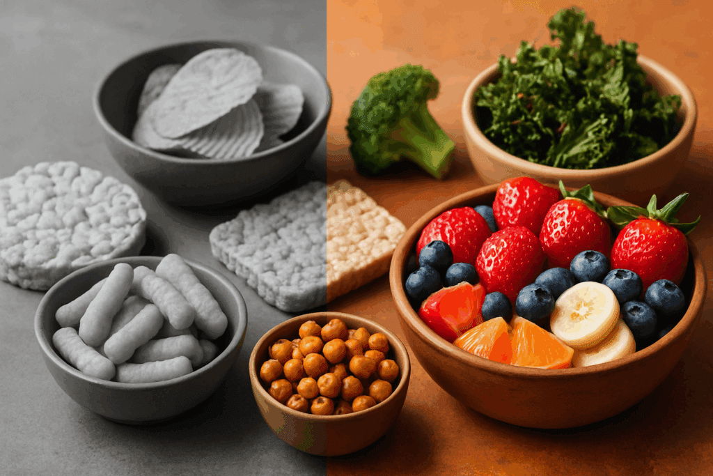 Smart Snacking for Plant-Based Eaters: Top Low Calorie and Low Fat Vegan Snacks Backed by Nutrition Experts 3 Healthy assortment of low-calorie vegan snacks on a kitchen counter promoting Smart Snacking for Plant-Based Eaters with natural ingredients.