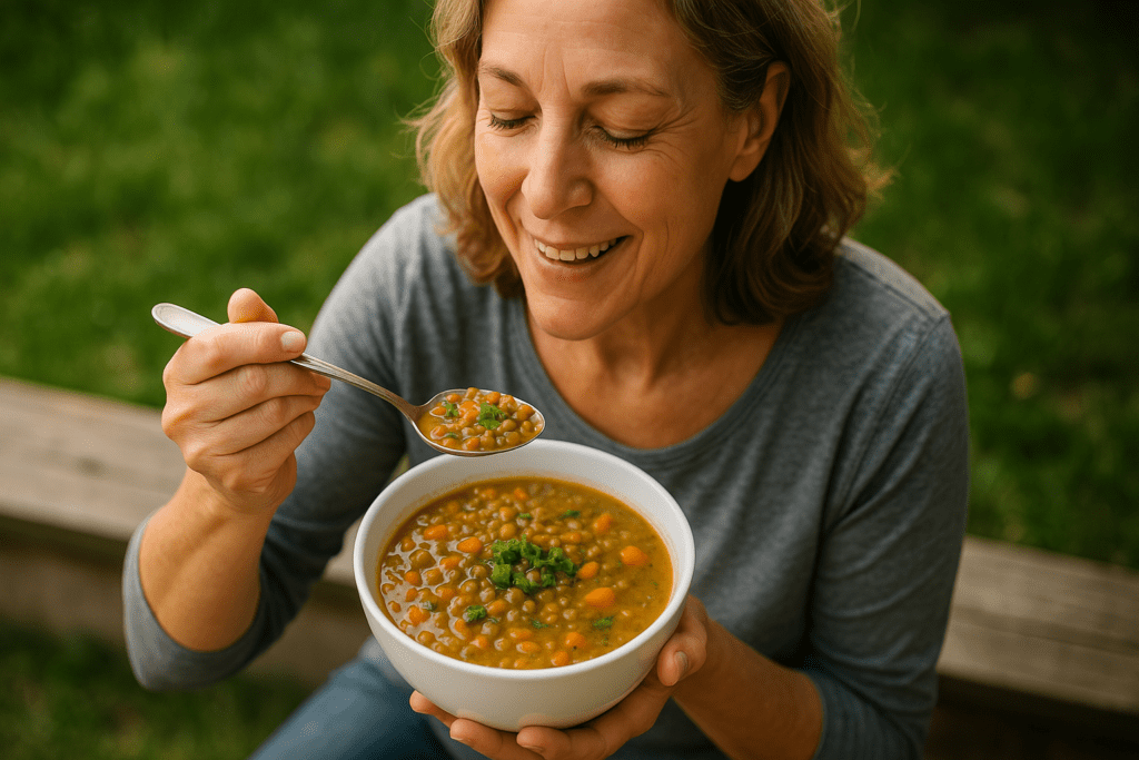 Simple Lentil Soup Recipe for Whole-Body Wellness: A Nourishing, One-Pot Vegan Meal Packed with Plant-Based Power 3 A photograph captures a middle-aged woman with light skin enjoying a bowl of steaming lentil soup in a sunlit backyard, with soft natural morning light illuminating her face and the rich colors of the vegan meal. The outdoor rural setting, minimal background, and close-up framing evoke simplicity, nourishment, and holistic wellness through a plant-based lifestyle.