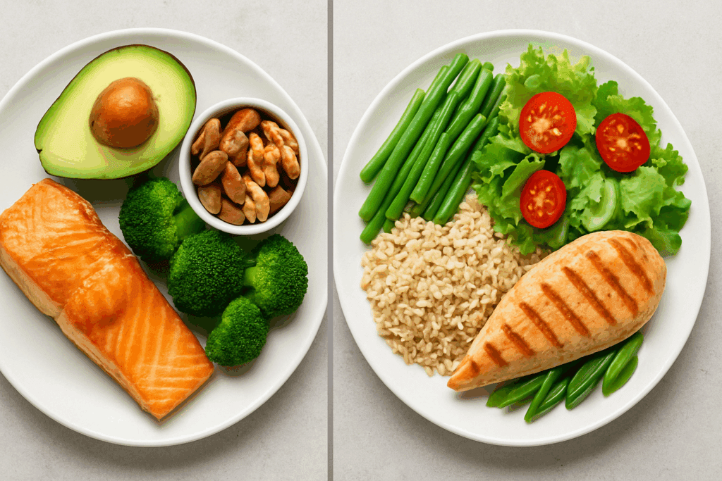 Visual comparison of keto and low-carb plated meals from the best meal delivery service for singles with dietary customization