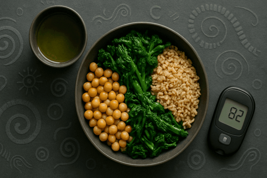 How the Green Mediterranean Diet Plan Supports Heart and Metabolic Health: What the Science Says About This Plant-Powered Eating Style 3 Bowl of legumes, whole grains, and steamed greens with green tea, reflecting the metabolic health focus of the Green Mediterranean Diet Plan