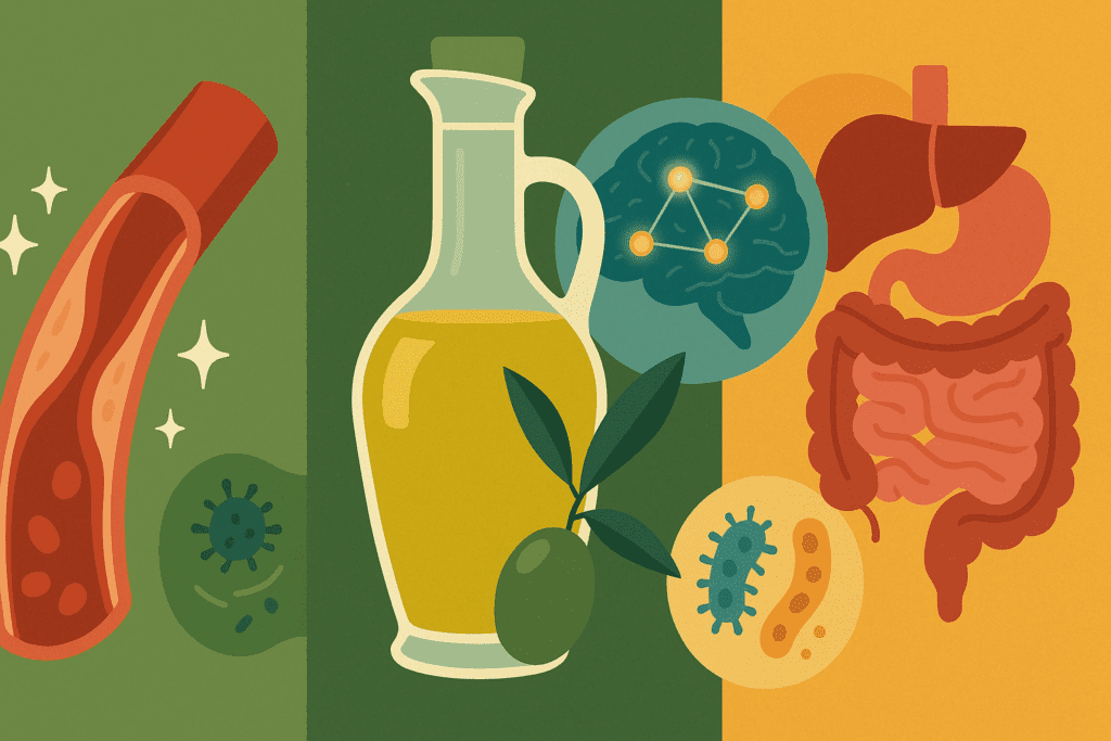Conceptual split-screen visual of heart, brain, and gut health benefits tied to the Mediterranean diet with olive oil.
