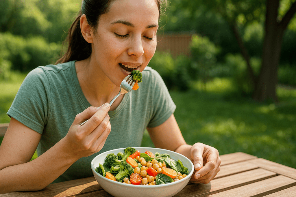 Easy Healthy Vegan Recipes Backed by Nutrition Science: Simple, Plant-Based Meals for Better Energy and Long-Term Wellness 3 A young woman with dark hair in a ponytail sits outdoors at a wooden patio table, enjoying a vibrant vegan salad featuring broccoli, quinoa, tomatoes, and carrots. Soft natural morning light filters through surrounding greenery, creating a calm and refreshing garden setting that highlights the theme of easy, healthy vegan recipes for energy and wellness.