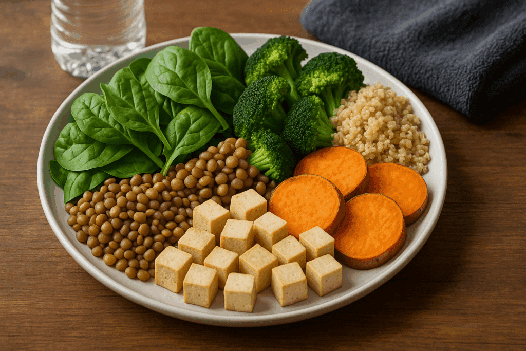 Assortment of colorful whole plant foods like grains, legumes, and vegetables that support how to lose weight on a vegan diet naturally.
