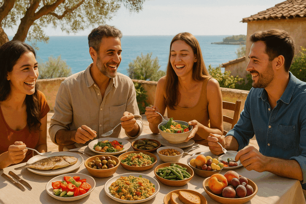 How a Low Glycemic Mediterranean Diet May Help Reduce Insulin Resistance: What the Science Says 3 Family enjoying a traditional meal filled with foods from the low glycemic Mediterranean diet.