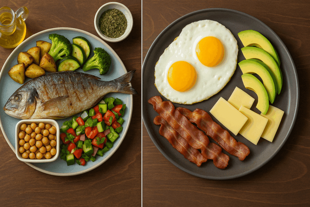 Three healthy Mediterranean meal ideas for breakfast, lunch, and dinner featuring yogurt, quinoa bowls, and grilled salmon