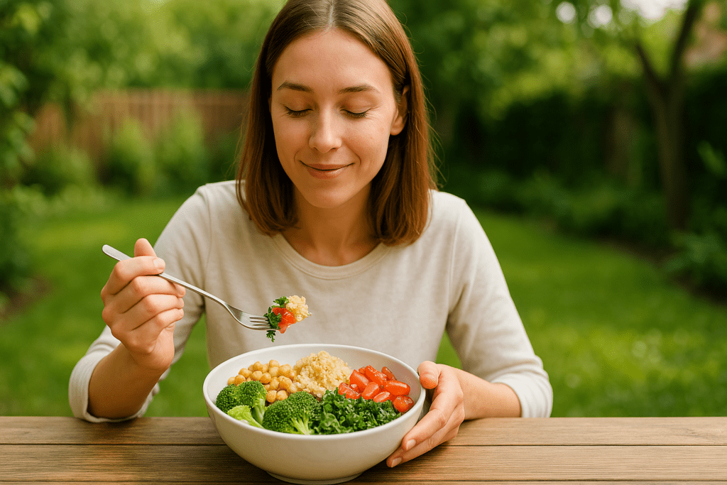 10 Delicious Low Calorie Vegan Dinner Recipes Backed by Nutrition Experts 3 A young woman with shoulder-length light brown hair smiles gently while eating a colorful vegan dinner in a sunlit garden. The scene features soft natural morning light, enhancing the vibrant vegetables in her bowl and the calm, outdoor atmosphere of a low-calorie vegan lifestyle.