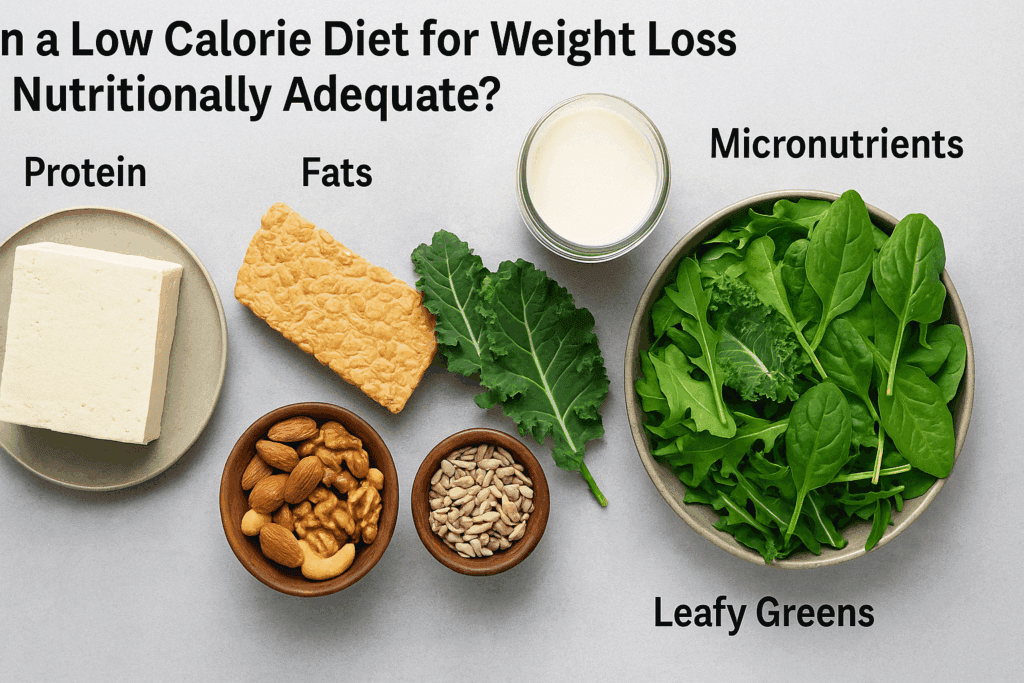 "Assortment of nutrient-dense plant-based foods like tofu, seeds, and greens for a low calorie diet for weight loss"