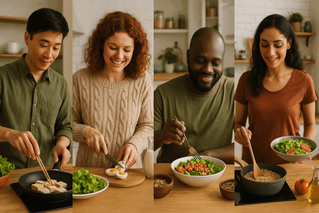 Understanding the Different Types of Vegetarians: What Does Vegetarian Mean and Why Are People Choosing This Lifestyle? 3 Home kitchens where people prepare meals that reflect the different types of vegetarians, including flexitarian and vegan dishes.