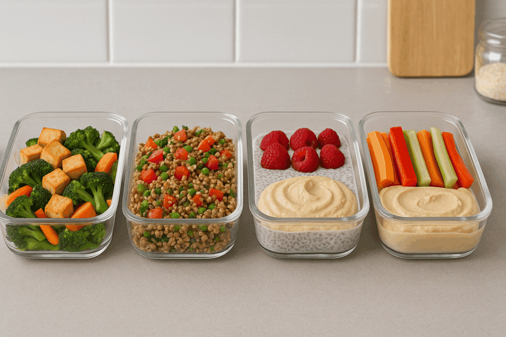 Meal prep containers filled with balanced vegetarian dishes for a high protein vegetarian diet for weight loss