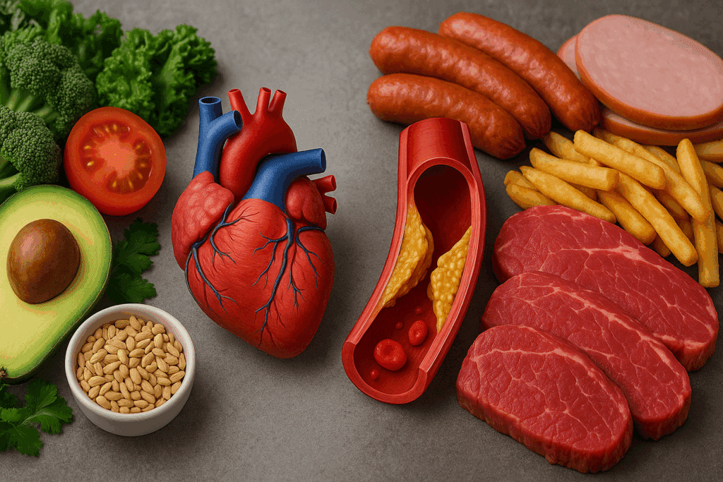 Visual comparison of heart health risks associated with vegetarian vs non vegetarian diets, showing artery health and food types.