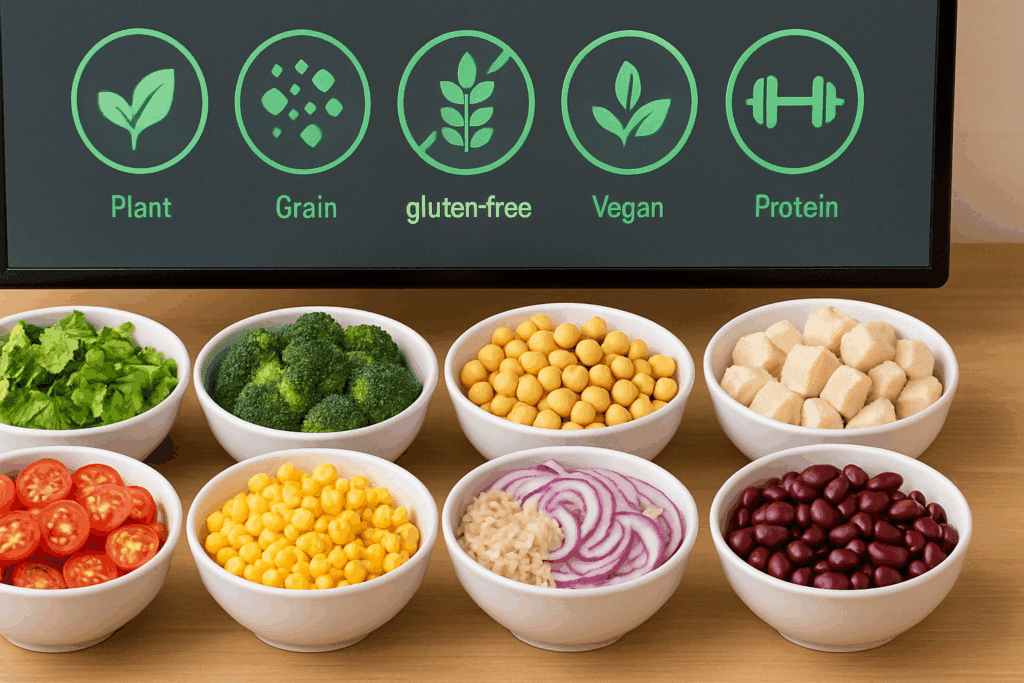 Customizable ingredients spread out for healthy salad meal delivery with plant-based proteins and dietary options