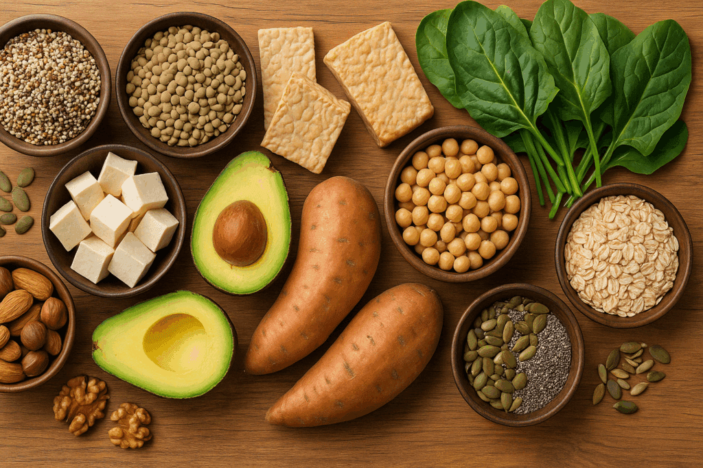 Colorful spread of top ingredients for bulking meal prep recipes including tofu, quinoa, sweet potatoes, and greens