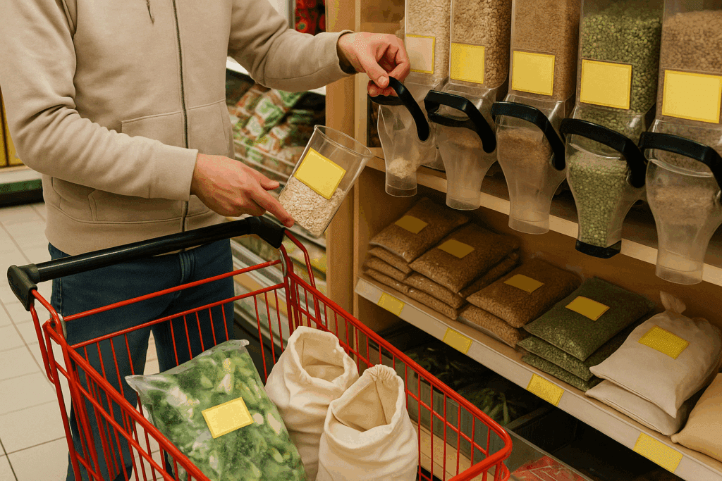 Grocery cart with bulk oats, frozen veggies, lentils, and rice during a smart shopping trip for healthy inexpensive meal prep