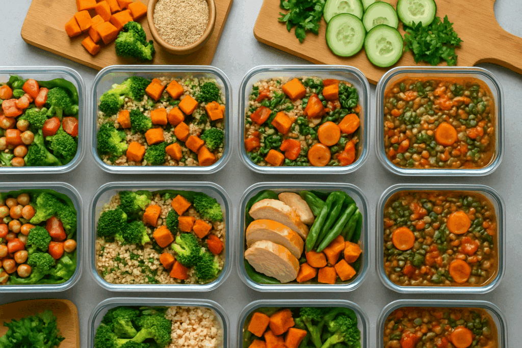 Organized kitchen counter with meal prep containers filled with clean eating meal plan staples like quinoa and vegetables