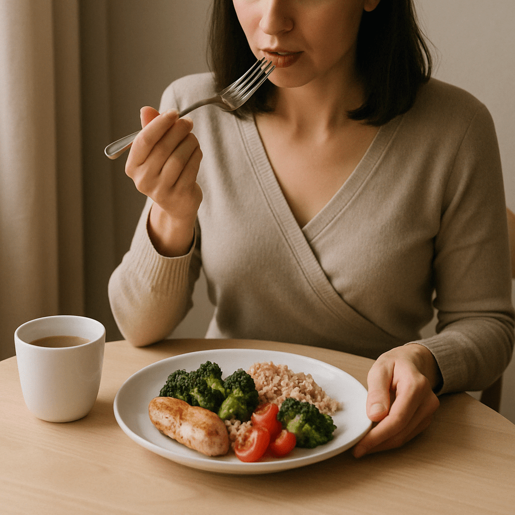 Person eating slowly at a quiet table, demonstrating mindful habits that encourage cutting back eating naturally