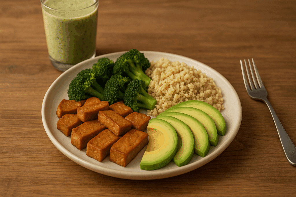 High-protein cutting meal with seitan, broccoli, quinoa, and smoothie representing what to eat while cutting on a plant-based diet