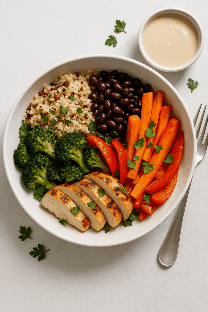 Balanced plate with tempeh, sweet potatoes, avocado, and leafy greens designed for easy high protein meals for muscle gain