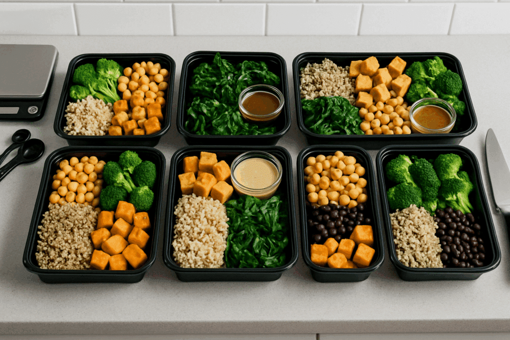 Organized weekly meal prep containers featuring modular ingredients for bodybuilding simple meals