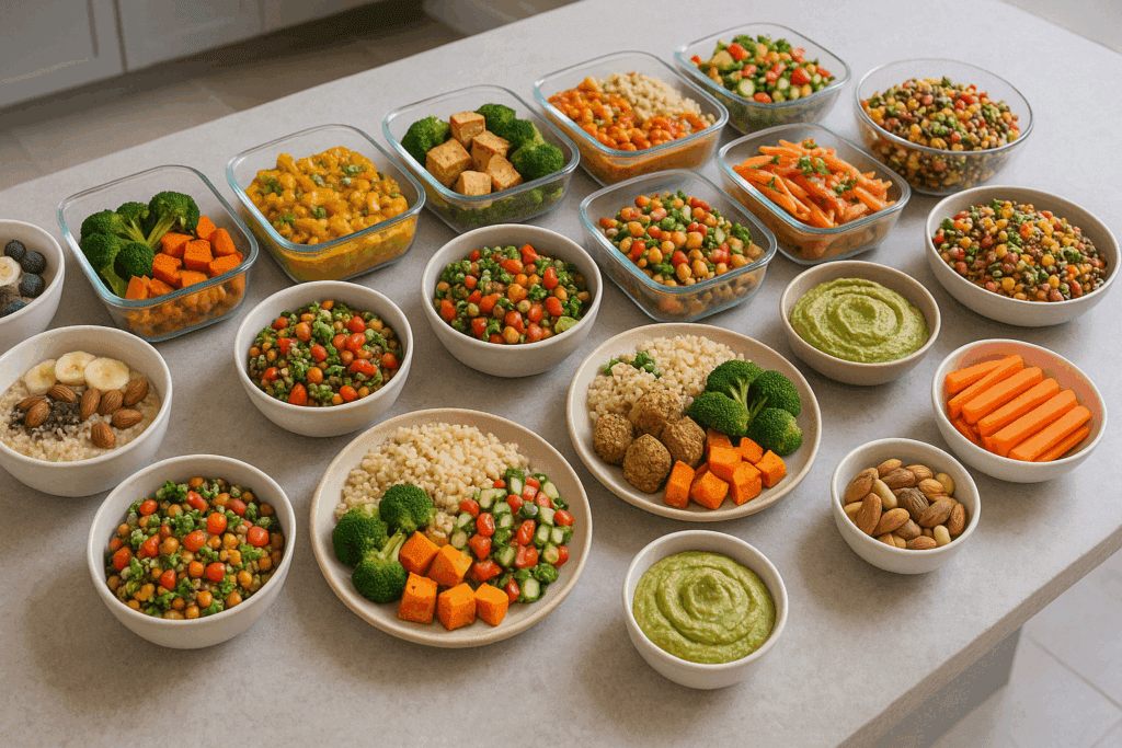 Colorful plant-based meals prepped for a week illustrating what to eat to build muscle and burn fat consistently