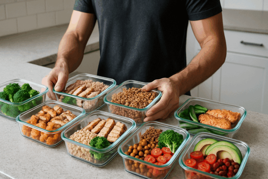 Whole food plate with protein, fiber, and healthy fats designed for an effective male nutrition plan
