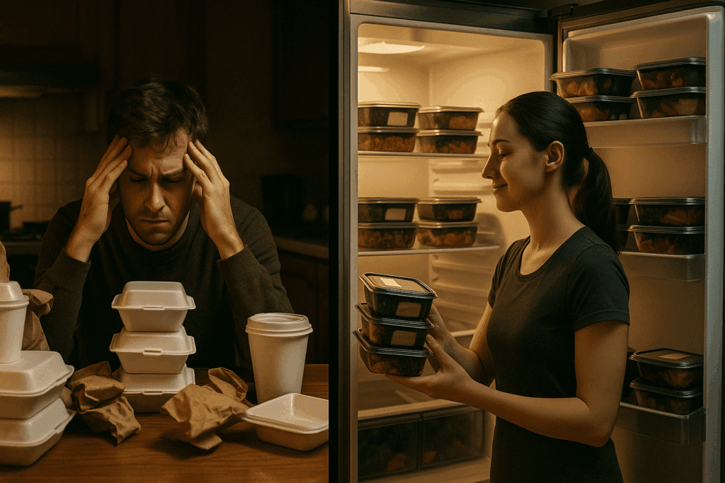 Split scene showing how a fitness meal prep service reduces food stress and daily decision fatigue