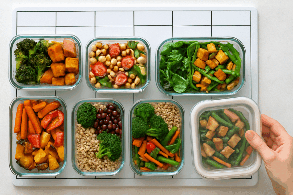 Colorful meal prep containers with plant-based dishes showing how easy weekly meal plans add variety and balance.
