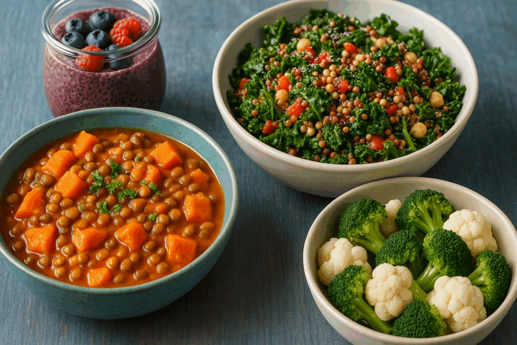Whole Food Plant Based Recipes for Diabetics: Expert-Backed Meals That Help Support Healthy Blood Sugar 4 Balanced plant-based meal prep layout with ingredients used in whole food plant-based recipes for diabetics