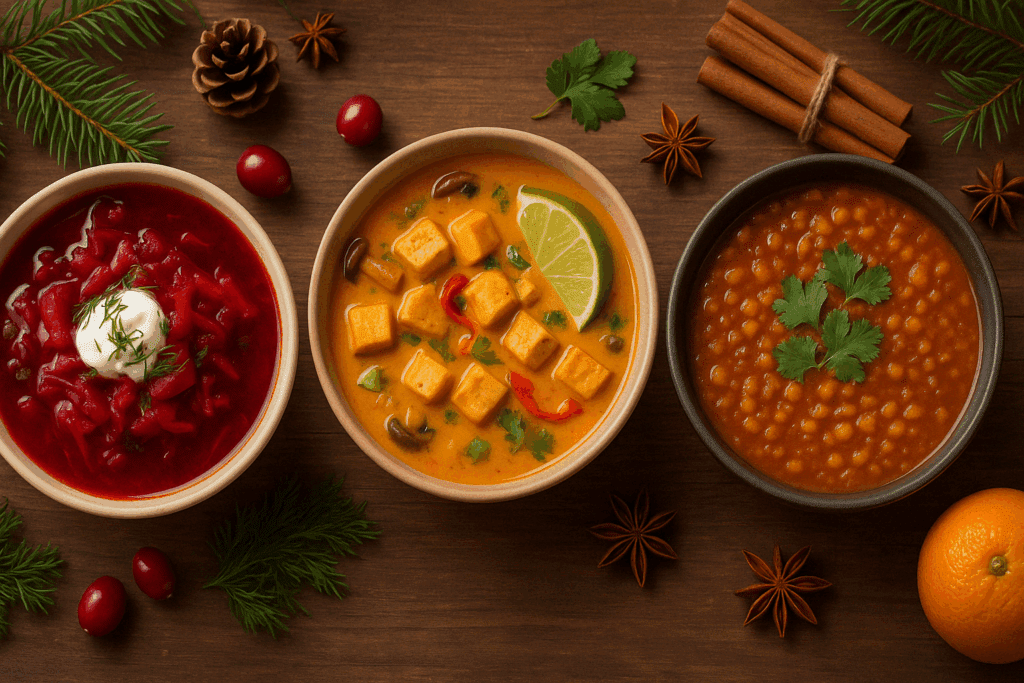 Festive Vegan Soup Ideas for a Cozy Christmas: Nourishing Recipes to Warm Your Holiday Table 3 Three varieties of festive vegan soup inspired by global cuisines—borscht, Thai coconut curry, and Moroccan harira—in ceramic bowls