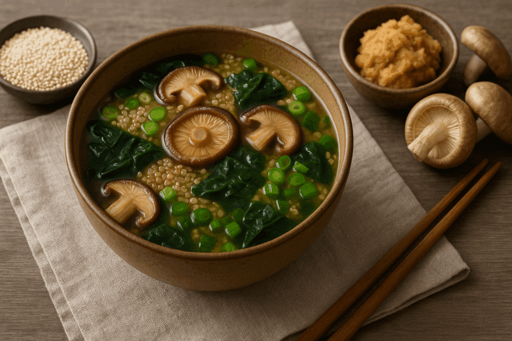 10 Nourishing Vegan and Gluten Free Soup Recipes Backed by Nutrition Science 3 Steaming miso soup with shiitake mushrooms, quinoa, and scallions, part of savory vegan and gluten free soup recipes collection.