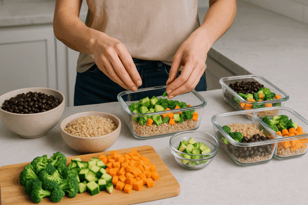 Person preparing a high protein diet meal plan using black beans, chopped vegetables, and quinoa in a home kitchen