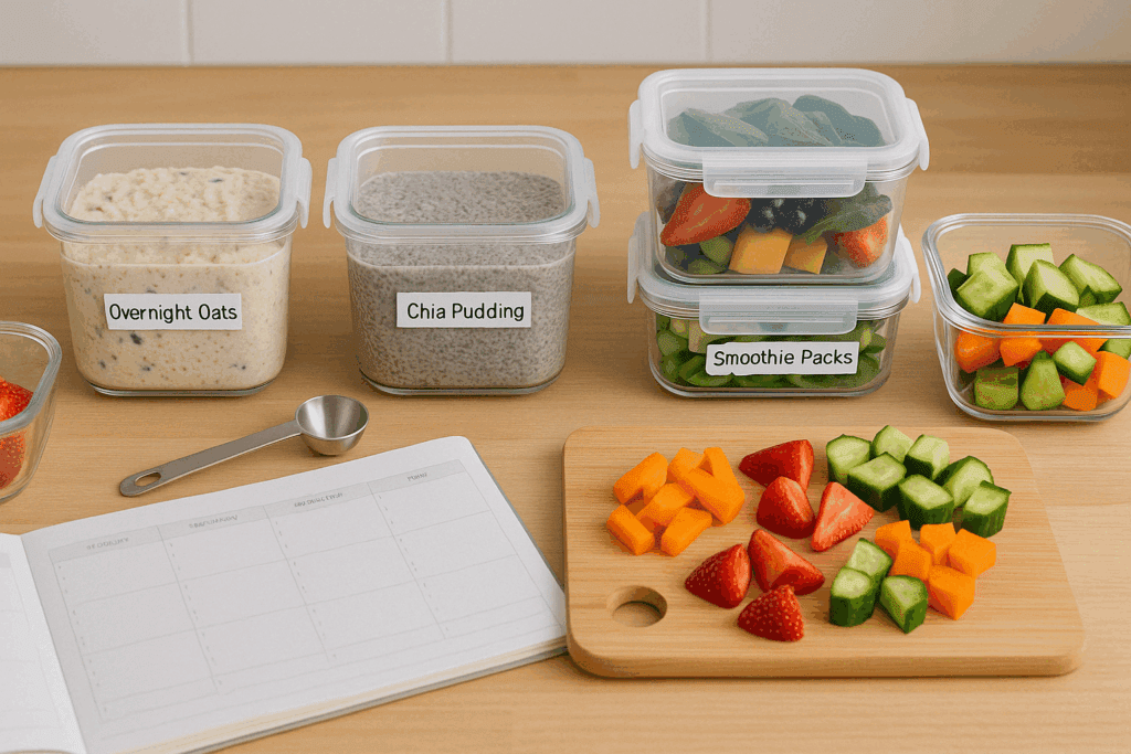 Organized prep station with containers of oats, chia pudding, and smoothie packs demonstrating healthy breakfast meal prep ideas