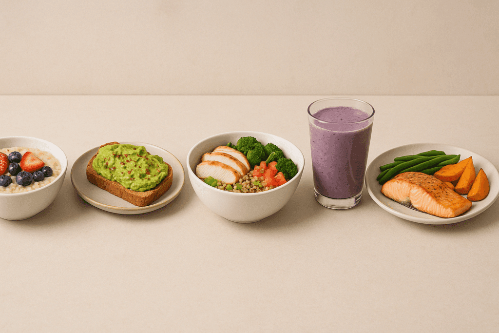 Flat lay of whole foods including chicken, tofu, lentils, and avocado used in a healthy bulking diet