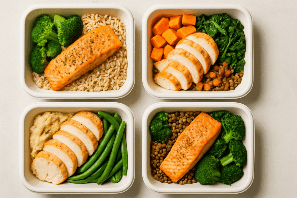 Balanced freshly meal delivery servicea dishes featuring lean protein, whole grains, and vegetables on a wooden table