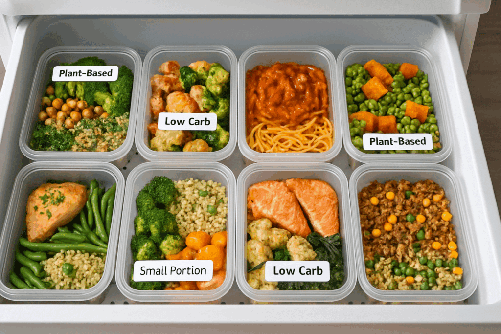 Organized freezer drawer stocked with the best freezer safe meal prep containers holding colorful, portioned healthy meals