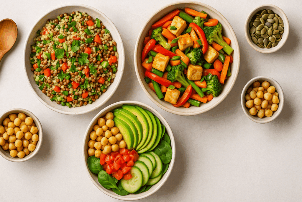 High-protein vegan lunches with chickpeas, sweet potatoes, and greens as part of the best meal prep for muscle gain strategy.