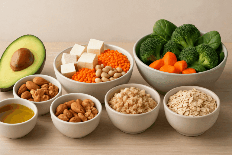 Healthy lunch containers on a kitchen counter featuring lentils, quinoa, leafy greens, and avocado as part of smart meal prep to lose belly fat.