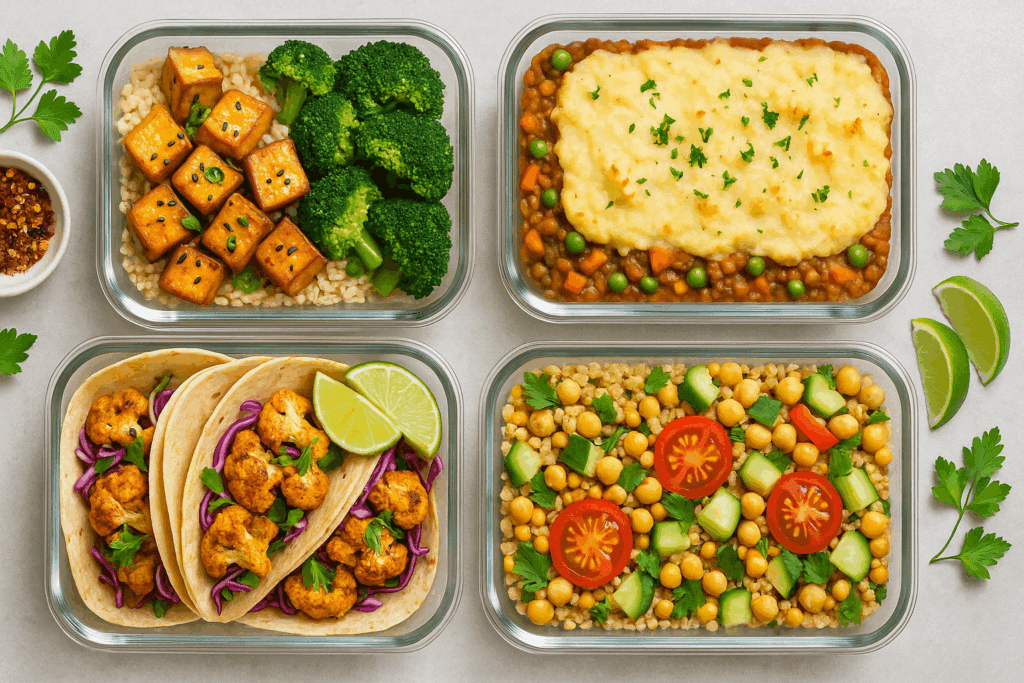Healthy bowls for easy vegetarian meal prep featuring chickpeas, colorful bell peppers, avocado slices, and farro.