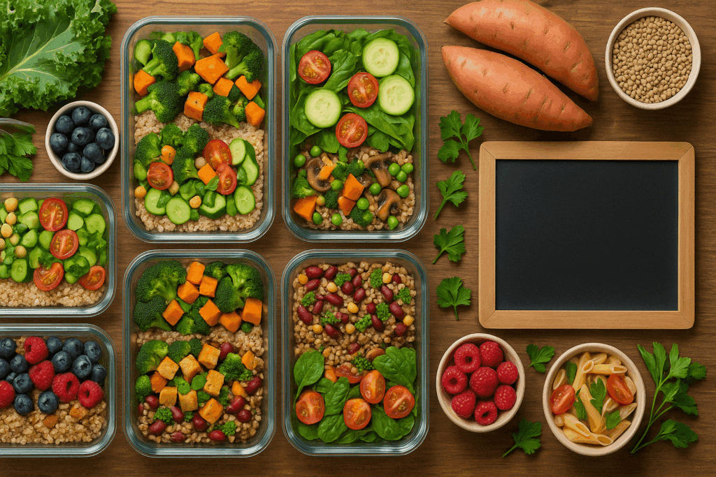 Colorful assortment of vegan meal prep for weight loss with plant-based dishes arranged in glass containers ready for the week.
