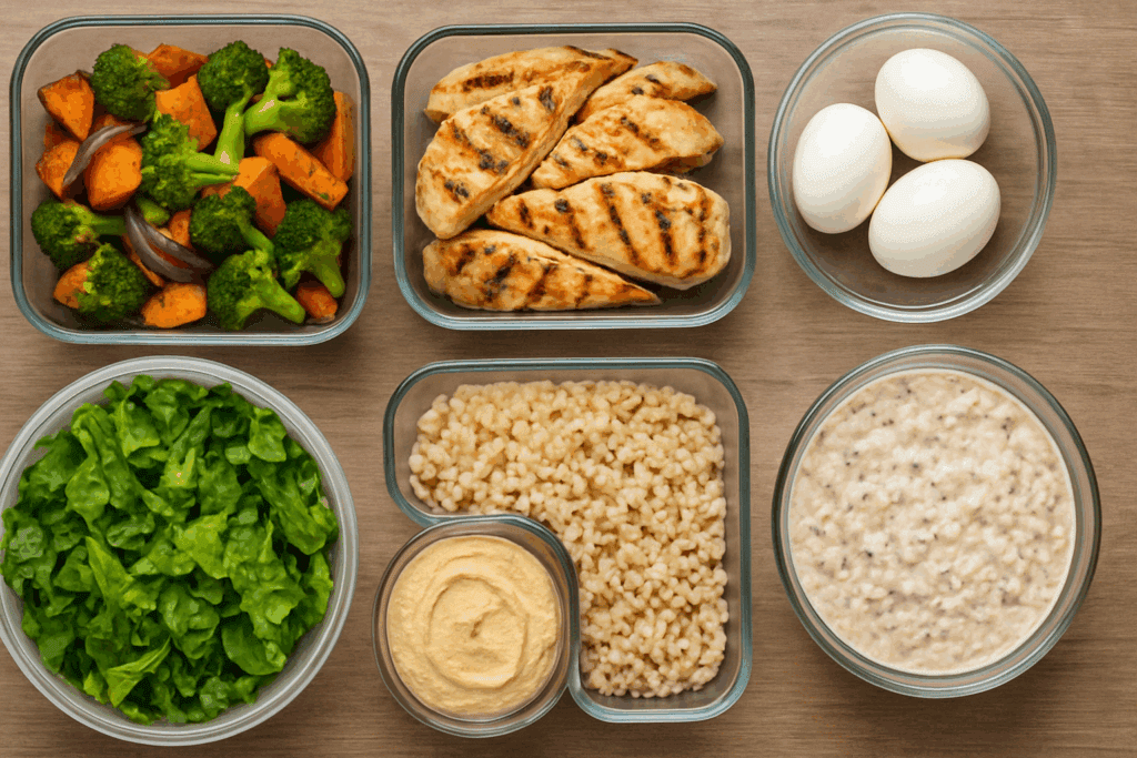 A colorful assortment of roasted vegetables and grains displayed in glass containers as part of a simple meal preparation routine.