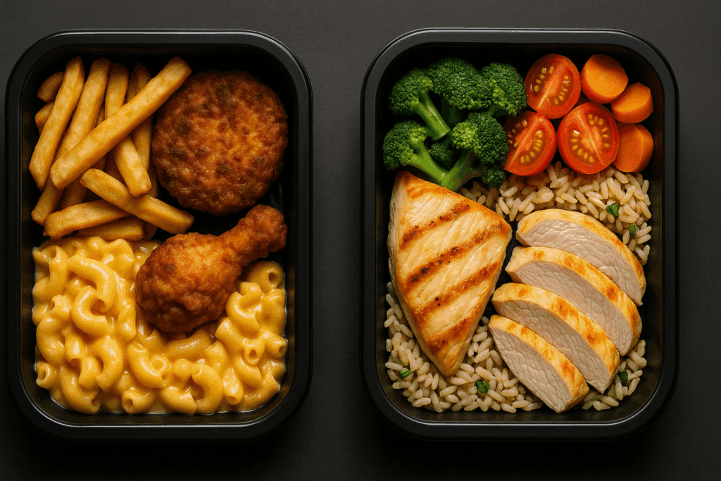 "Are Ready Meals a Smart Choice? How to Pick Healthy Pre Prep Meals Near You That Support a Balanced Lifestyle" 3 Comparison of processed and nutritious ready meals on a table, showing quality and ingredient differences
