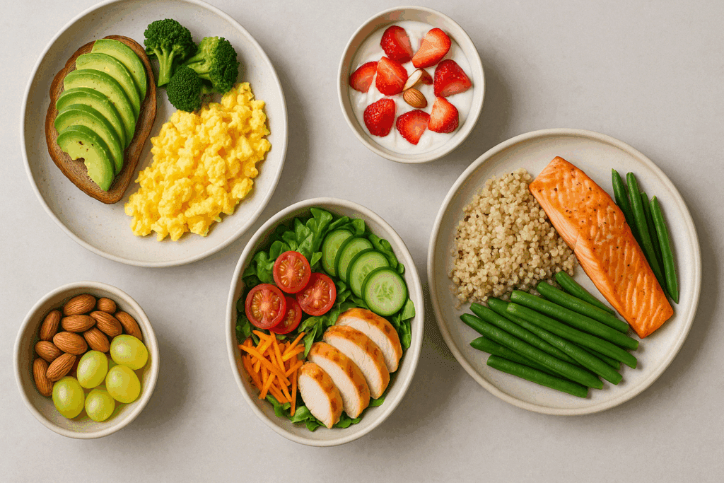 Full day of meals arranged in sequence—breakfast to dinner—with snacks shown as part of a structured quick weight loss meal plan.