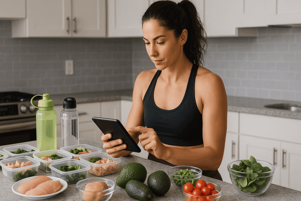 Fueling Strength the Smart Way: A Nutrition Plan for Strength Training That Supports Muscle, Metabolism, and Women’s Wellness 4 Female athlete reviewing her meal prep containers while customizing a nutrition plan for strength training at home.