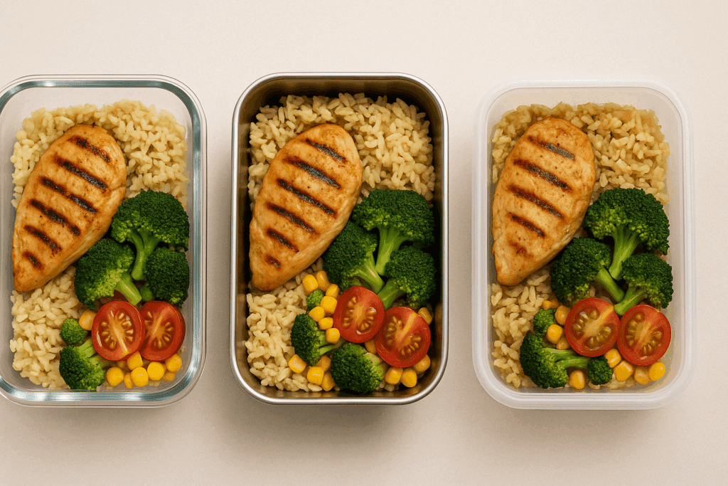 Eco-friendly kitchen setup featuring reusable BPA free meal prep containers, wooden utensils, and fresh produce arranged for weekly meal prep.